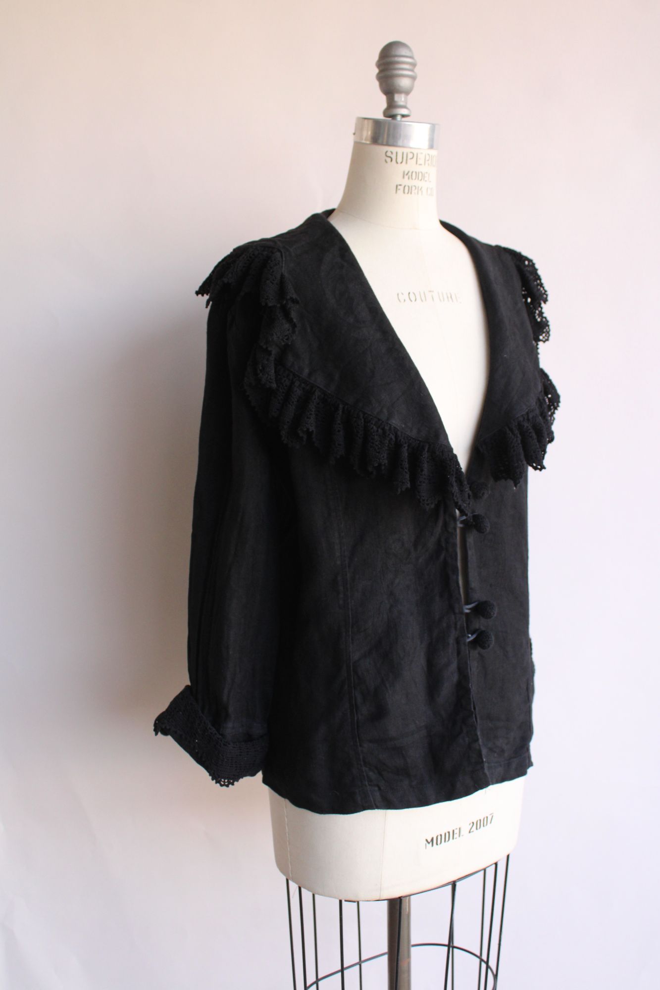 Womens Black Linen Jacket, Lace Trim, One Size, Victorian Cottage Core Goth