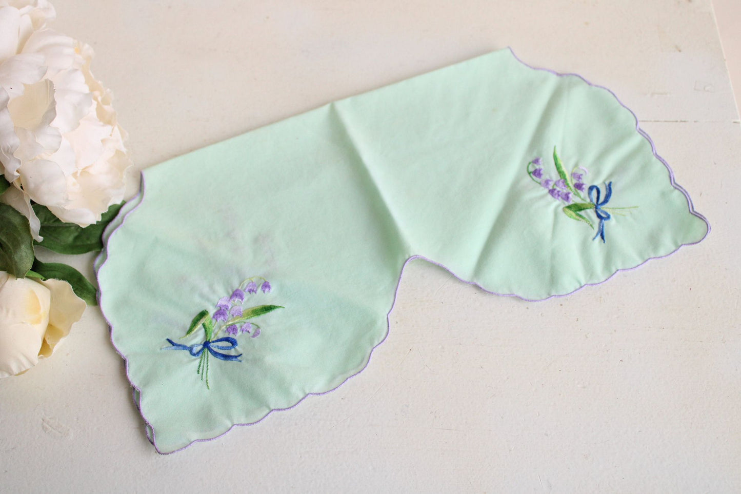 Vintage Mint Green Bun Warmer Embroidered with Purple Harebell Flowers