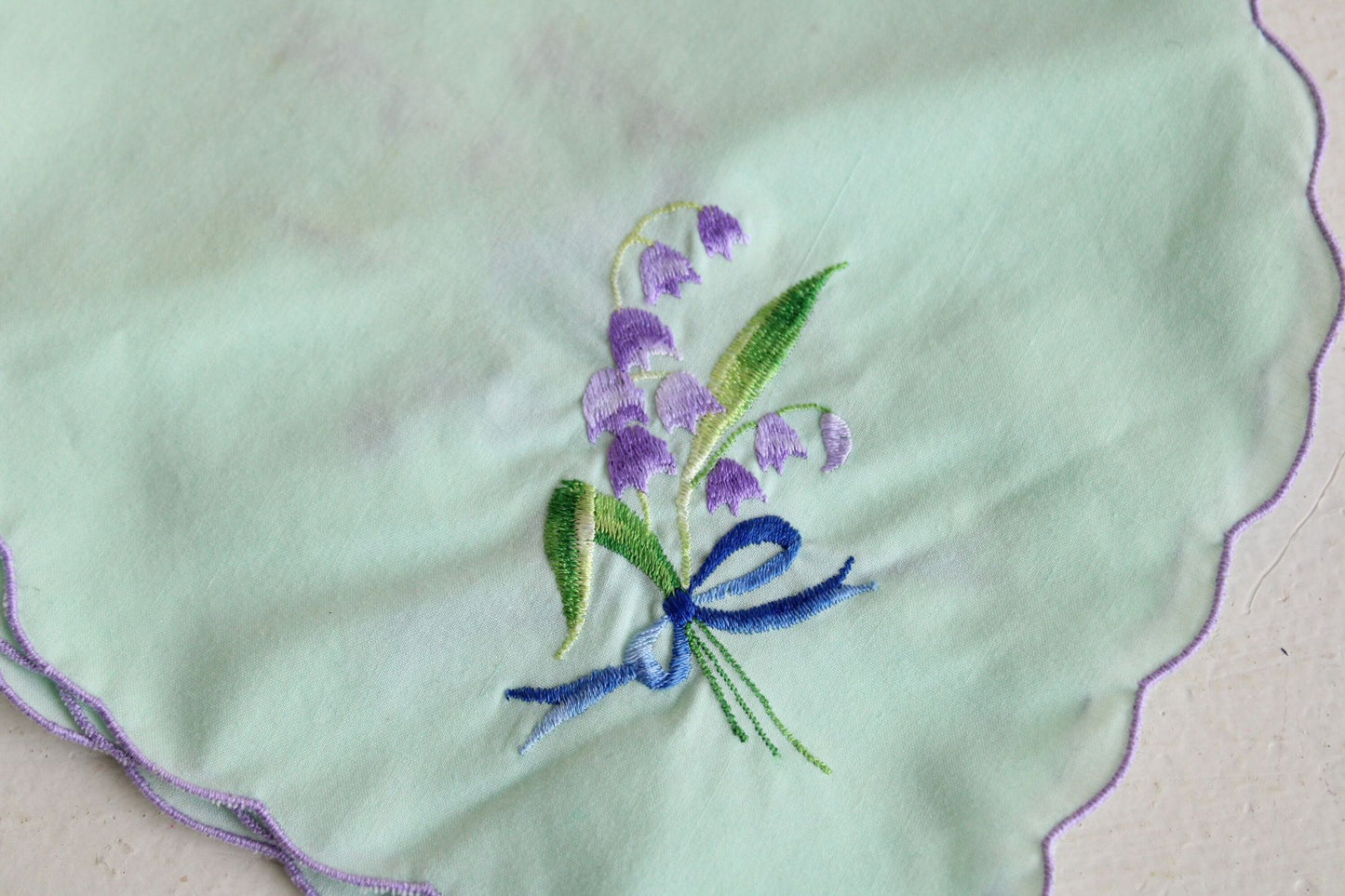 Vintage Mint Green Bun Warmer Embroidered with Purple Harebell Flowers