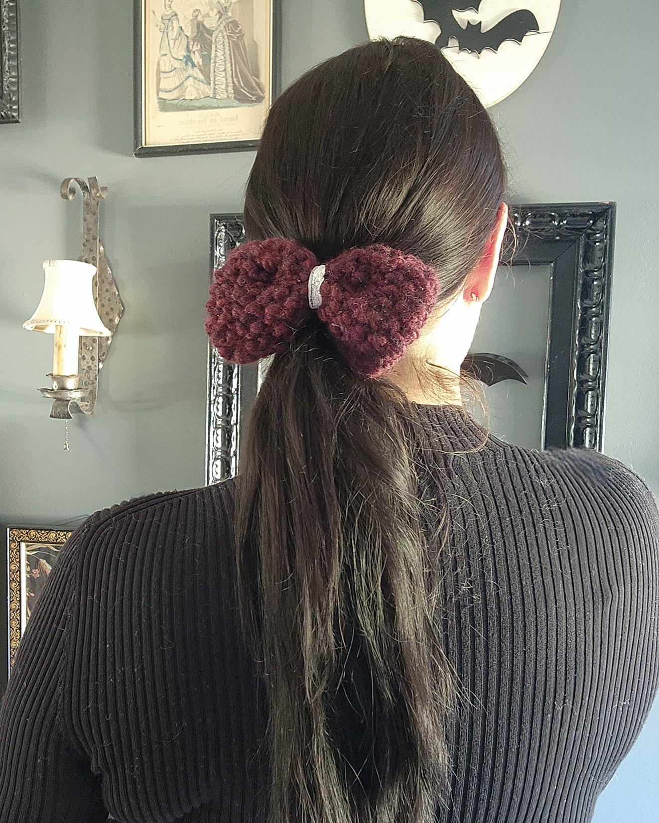 Handknit "Vamp" Wine Color Hair Bow with Vintage Lace