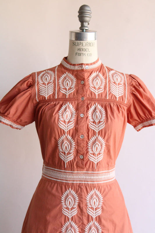 Bohme Womens Dress, Size XS Pockets Orange Embroidered Cottage Core Peasant