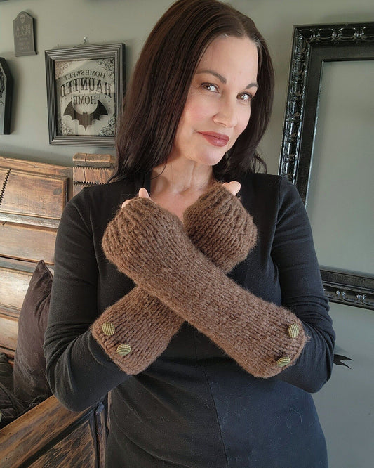 'Highlands" Hand Knit Fingerless Gloves or Armwarmers in Brown with Green Plaid Buttons
