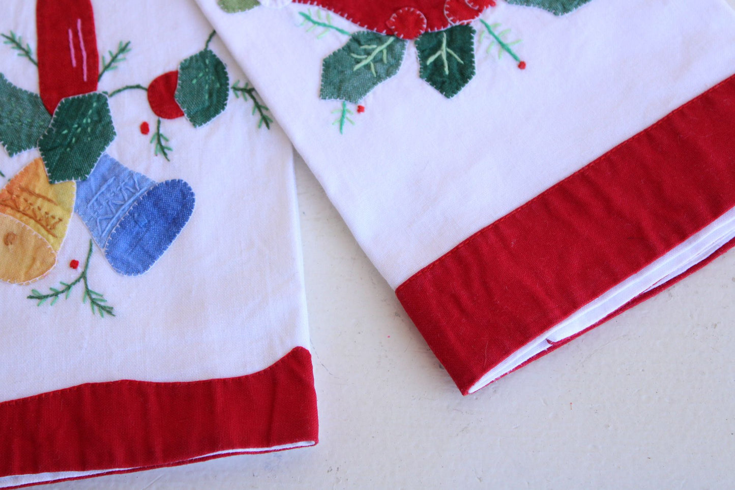 Vintage 1980s Christmas Holiday Towels with Santa Claus and Candle Appliques