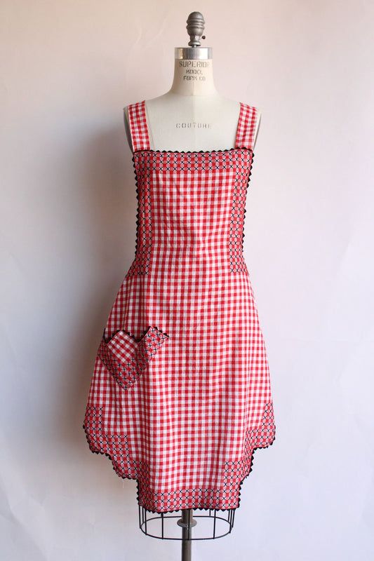 Vintage 1960s Full Red Gingham Pinafore Apron With Pocket