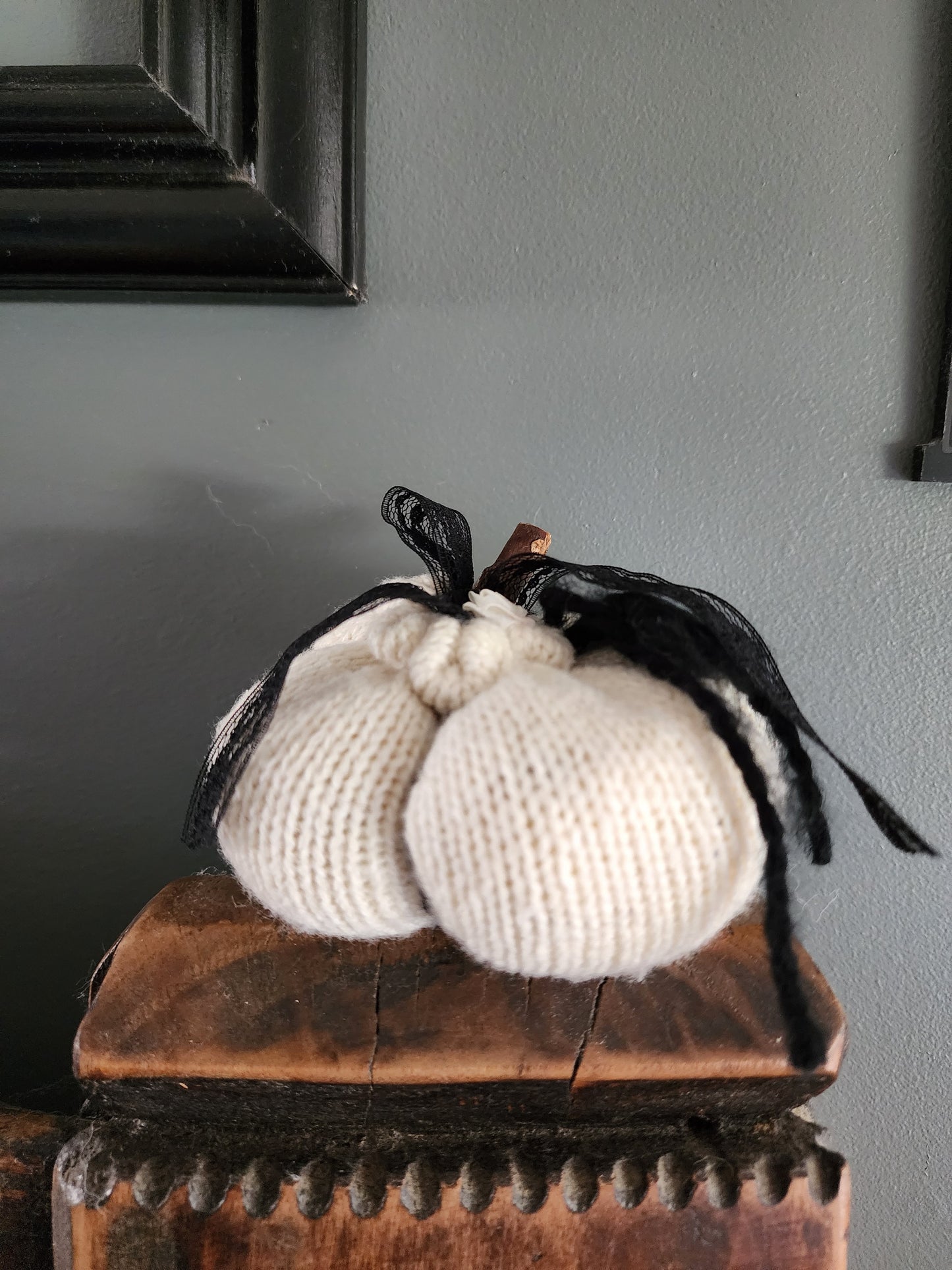 Pumpkin Pillow Pouf with Vintage Black Lace and Wooden Stem
