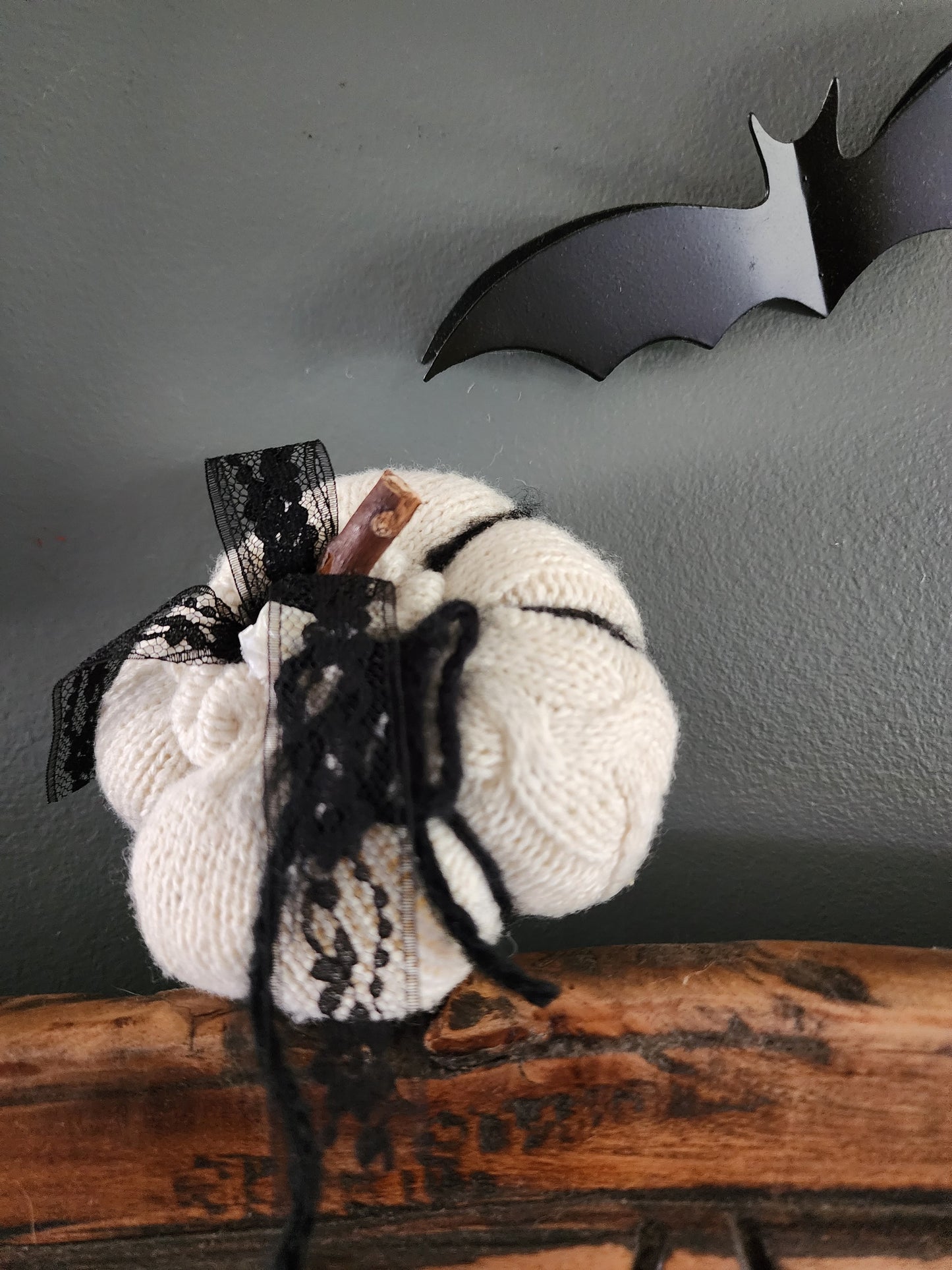 Pumpkin Pillow Pouf with Vintage Black Lace and Wooden Stem