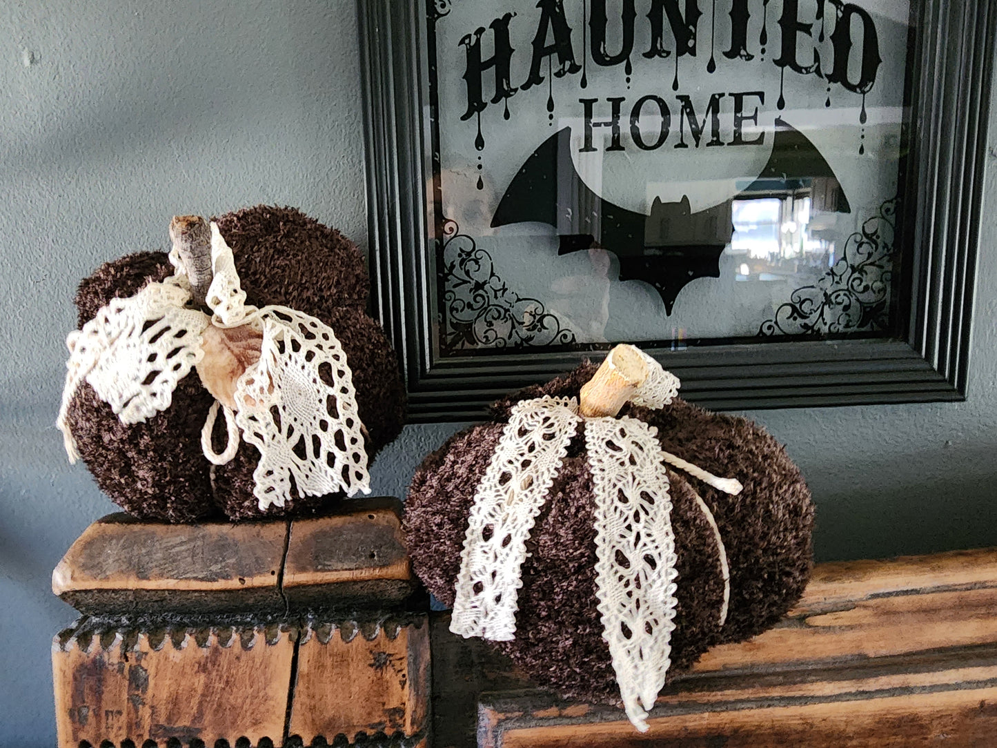 "Cafe Au Automne" Brown Knit Pumpkin Pillow Pouf with Vintage Leaf and Lace