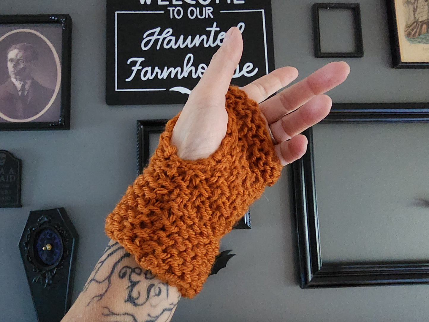 "Pumpkin Seed" Hand Knit Fingerless Gloves