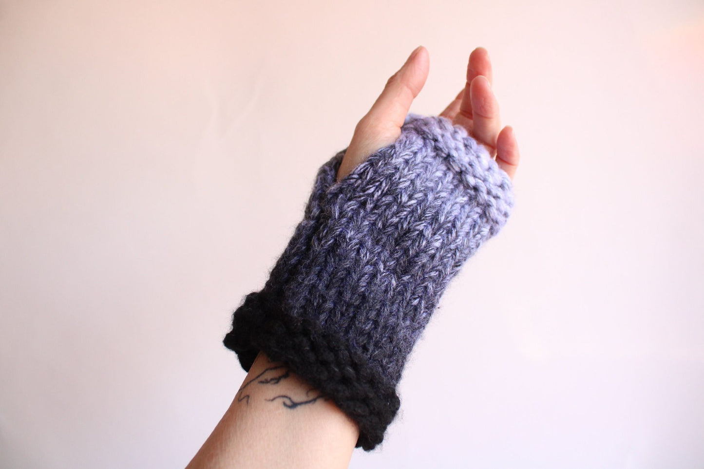 "Winter Ash" Hand Knit Fingerless Gloves, Armwarmers in Ombre Black, Gray and White