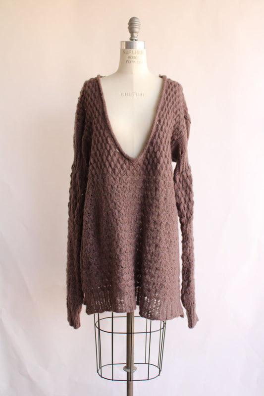 Free People womens Sweater, brown Knit, Size large, deep V neck, bell sleeves