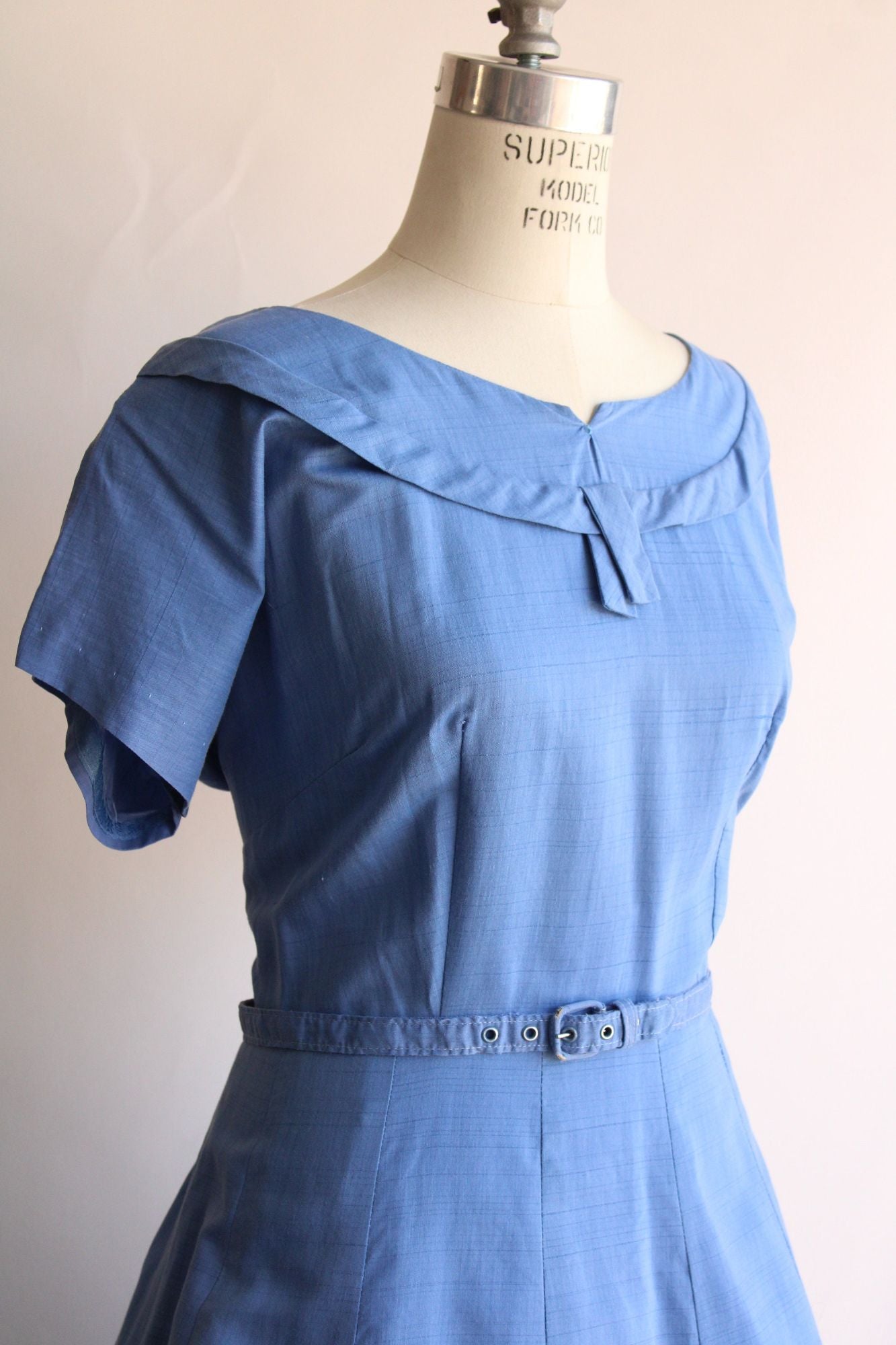 Vintage 1950s Volup Size Sky Blue Cotton Sundress with Belt