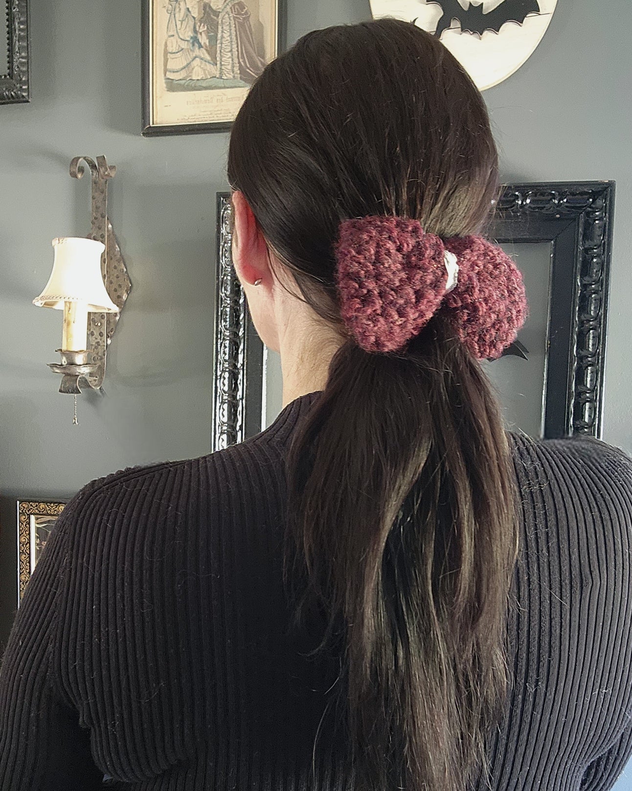 Handknit "Vamp" Wine Color Hair Bow with Vintage Lace