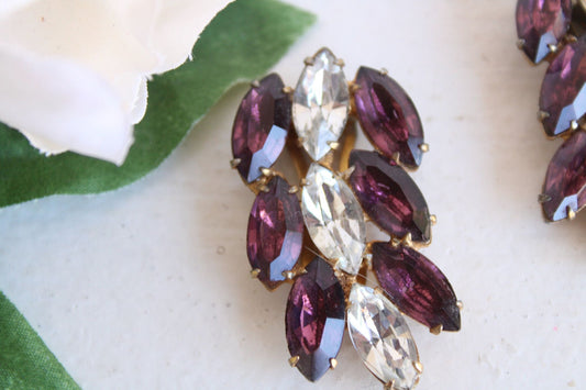 Vintage 1940s 1950s Shoe Clips, Purple and Clear Rhinestone Purse Embellishment