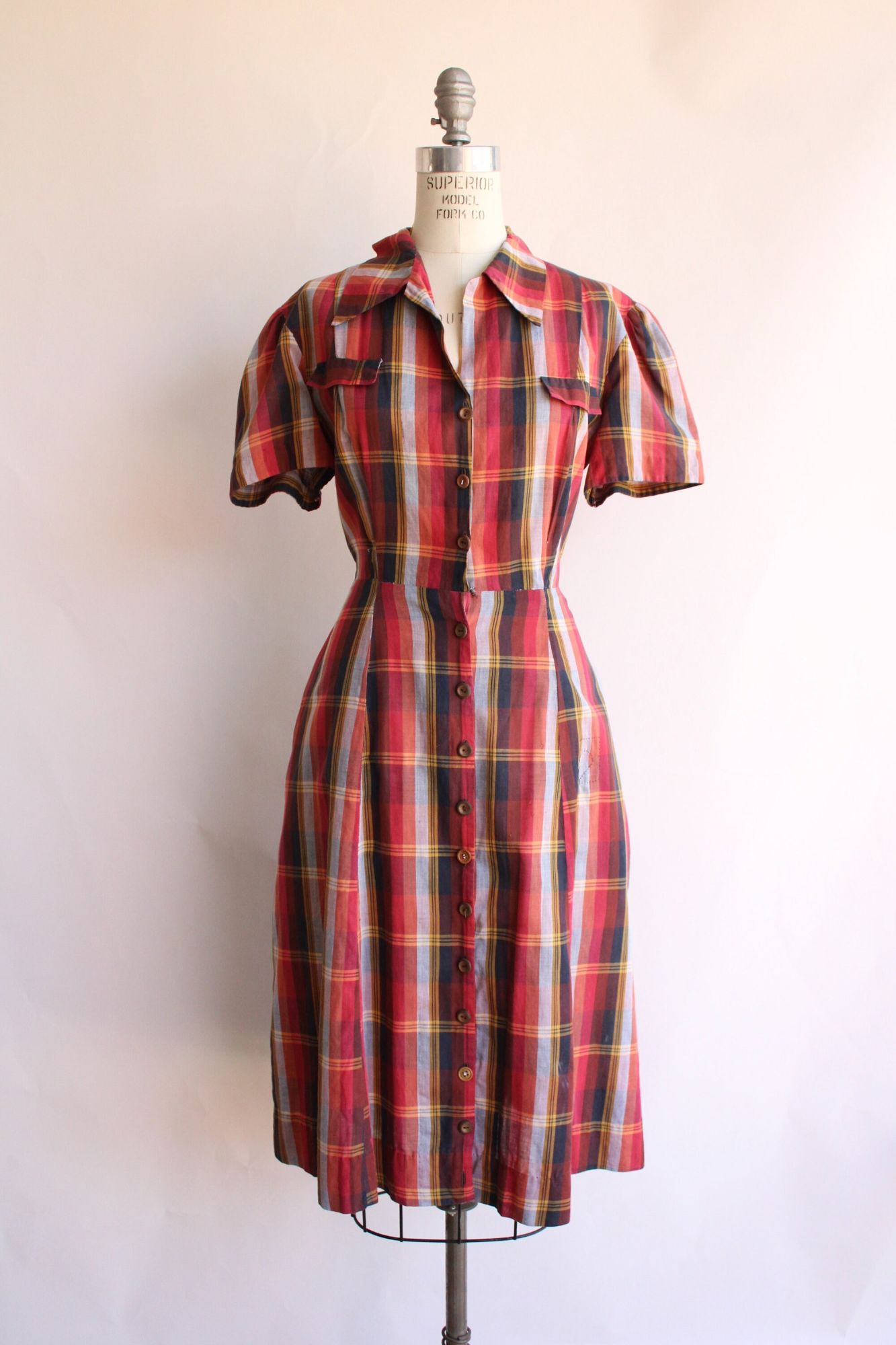 Vintage 1950s 1960s Plaid Cotton Shirtwaist Dress with Pockets