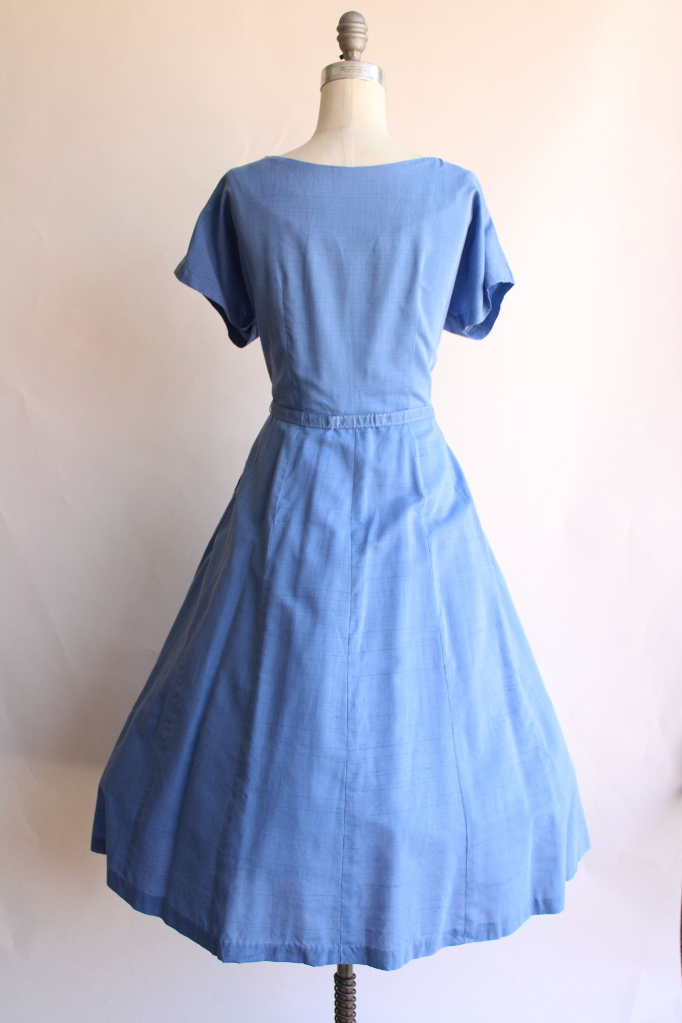 Vintage 1950s Volup Size Sky Blue Cotton Sundress with Belt