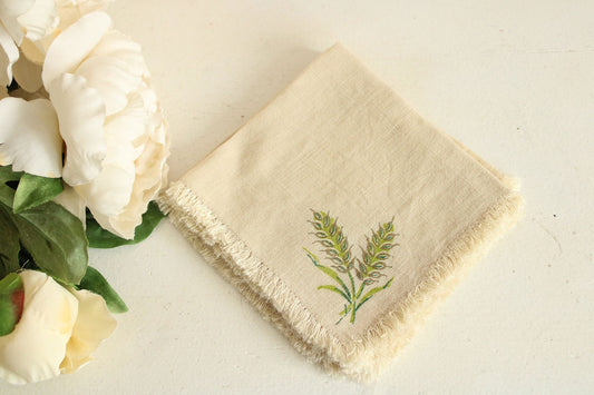 Vintage 1970s 1980s Set of Four Napkins with a Lavender or Wheat Print on Beige Linen