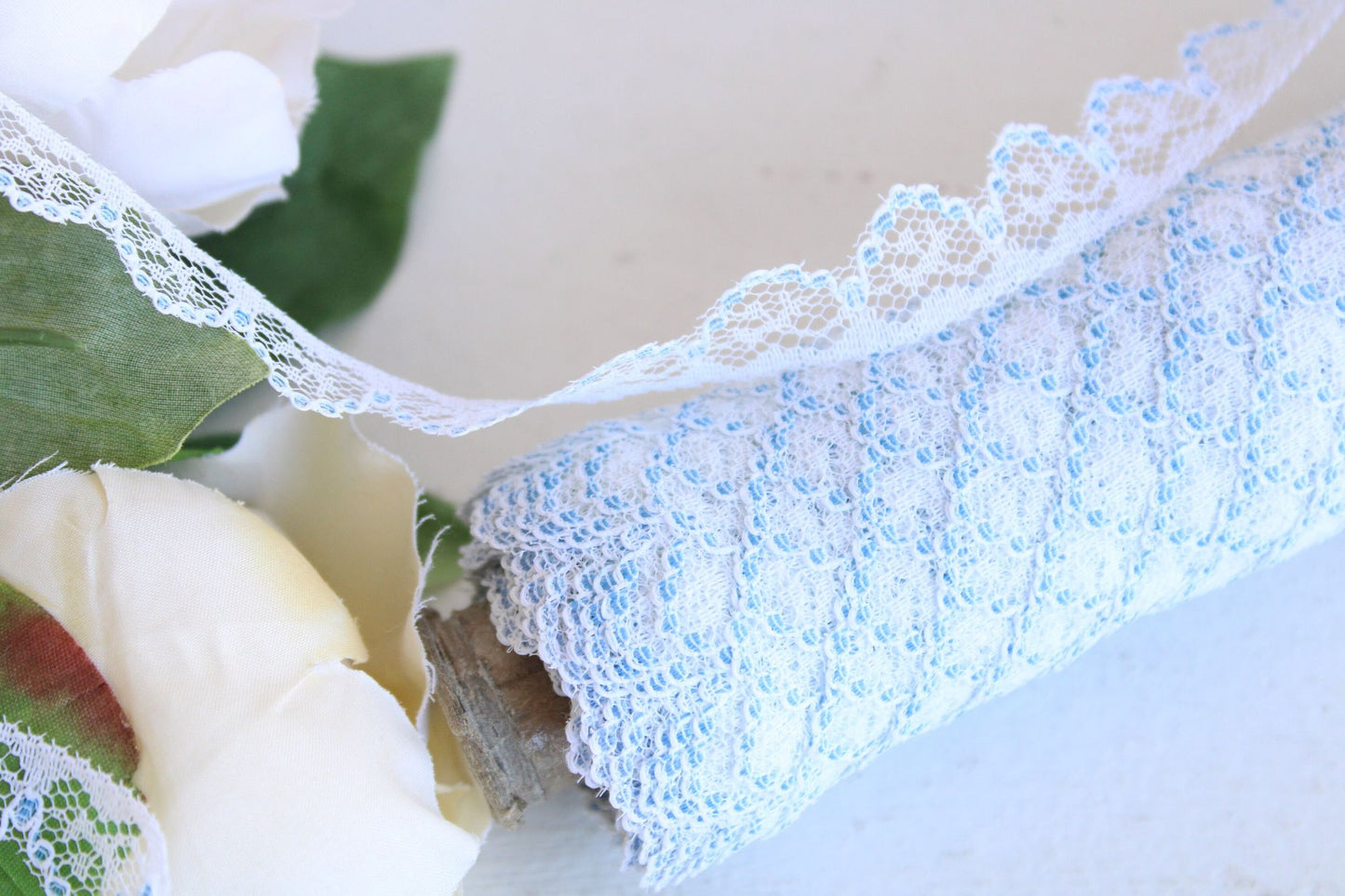 Vintage Lace Trim, White and Blue,  7/16" wide 2 yards