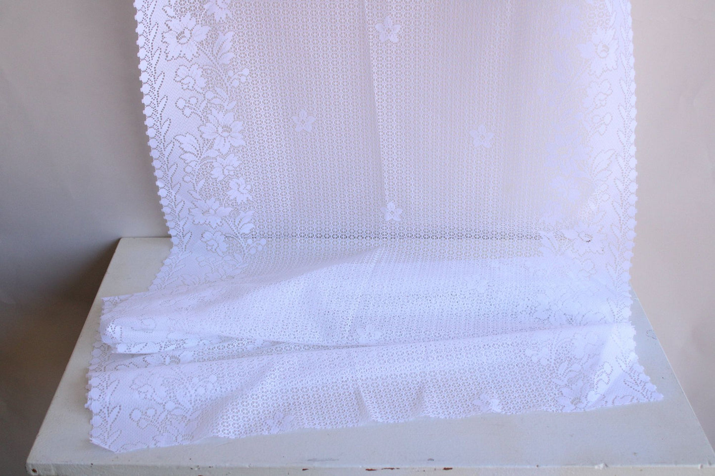 Vintage 1980s 1990s White Lace Fabric,  24" Wide 88" Long Piece, Floral Pattern