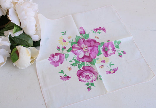 Vintage 1950s Pink Purple Roses Handkerchief