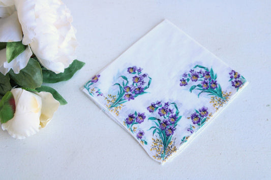 Vintage Handkerchief, Purple Floral Print on White Cotton Hankie