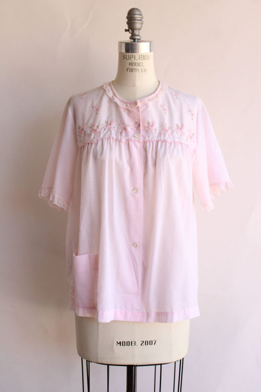 Vintage 1970s Sears Pink Floral Embroidered PJ Top