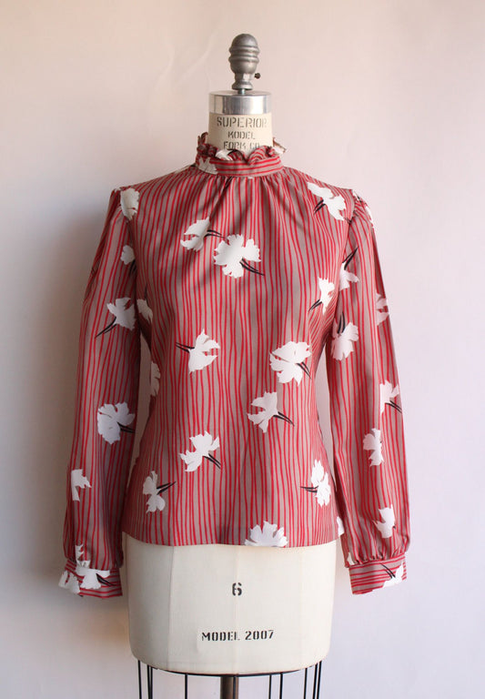 Vintage 1980s Red and White Floral Print and Striped Blouse