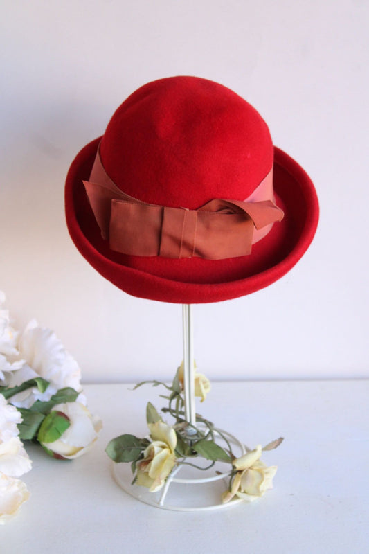 Vintage 1960s Milbrae Red Wool Bucket Hat with Grosgrain Ribbon Bow