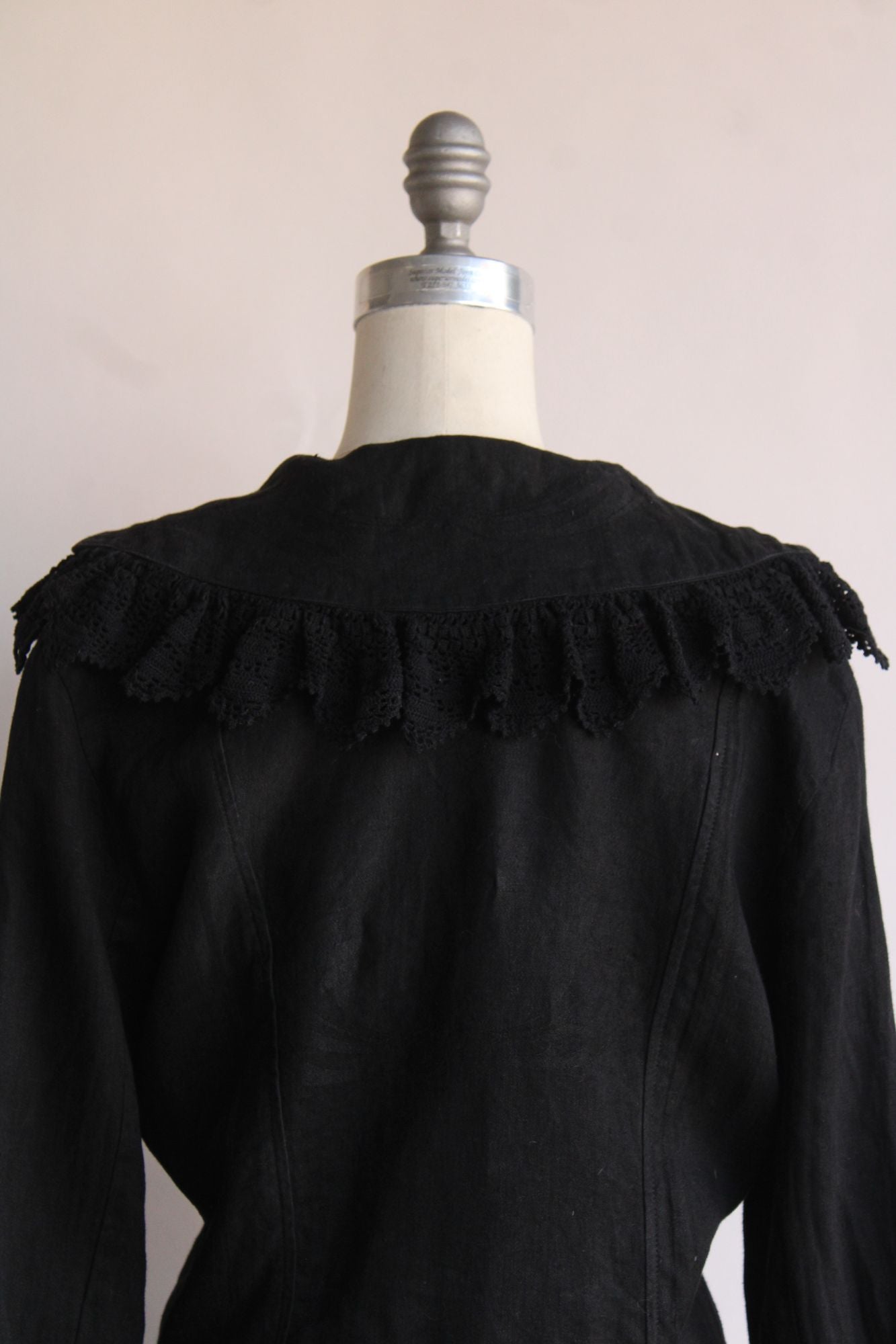 Womens Black Linen Jacket, Lace Trim, One Size, Victorian Cottage Core Goth