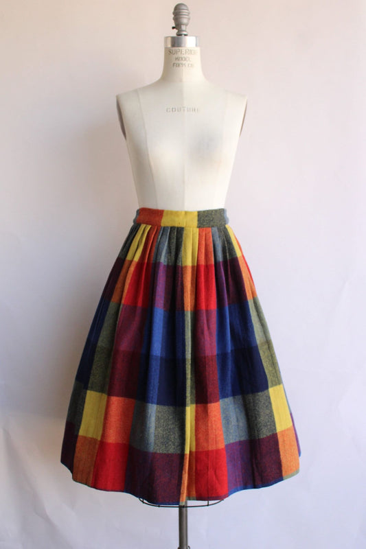 Vintage 1960s Wool Junior House Rainbow Windowpane Check Pleated Skirt