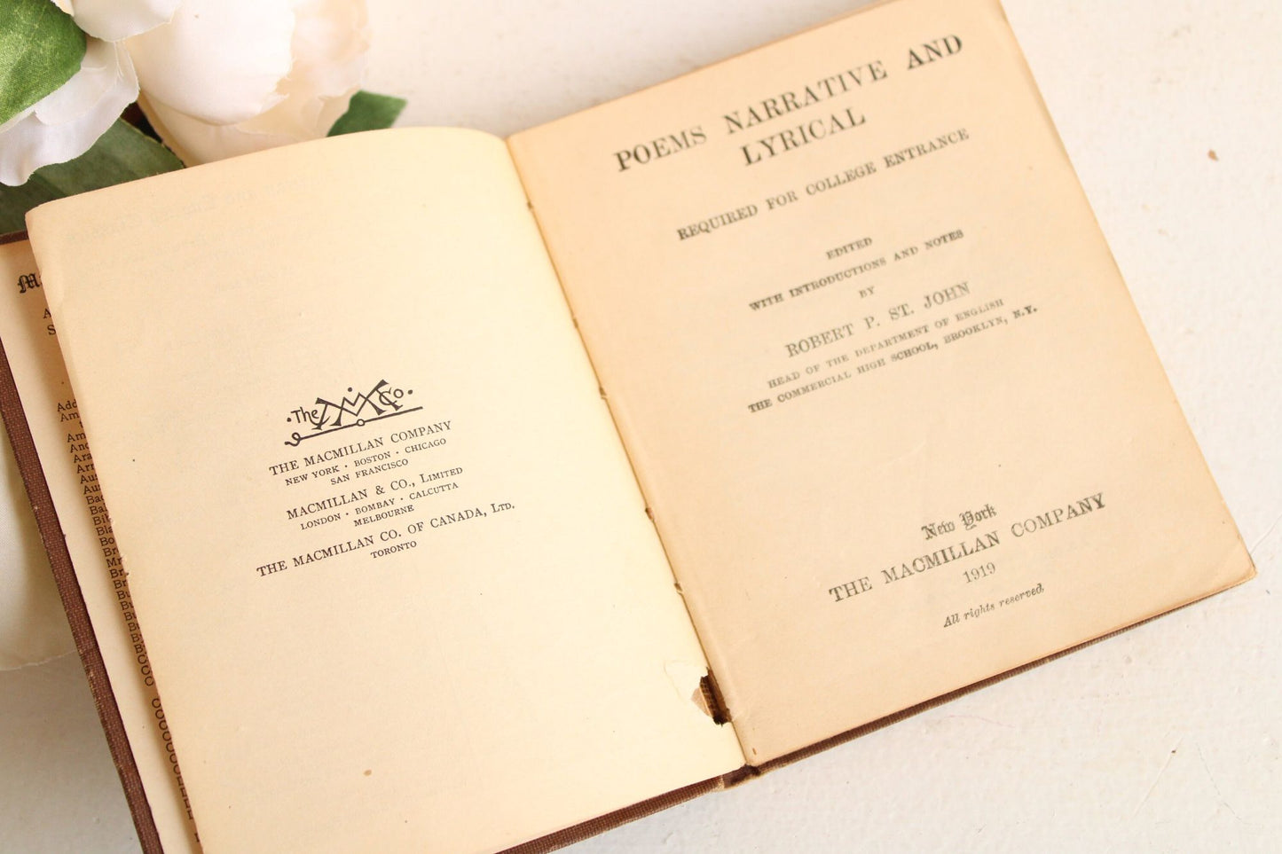 Vintage 1910s Book,"Poems, Narrative and Lyrical, Required for College Entrance" by Robert P. St John