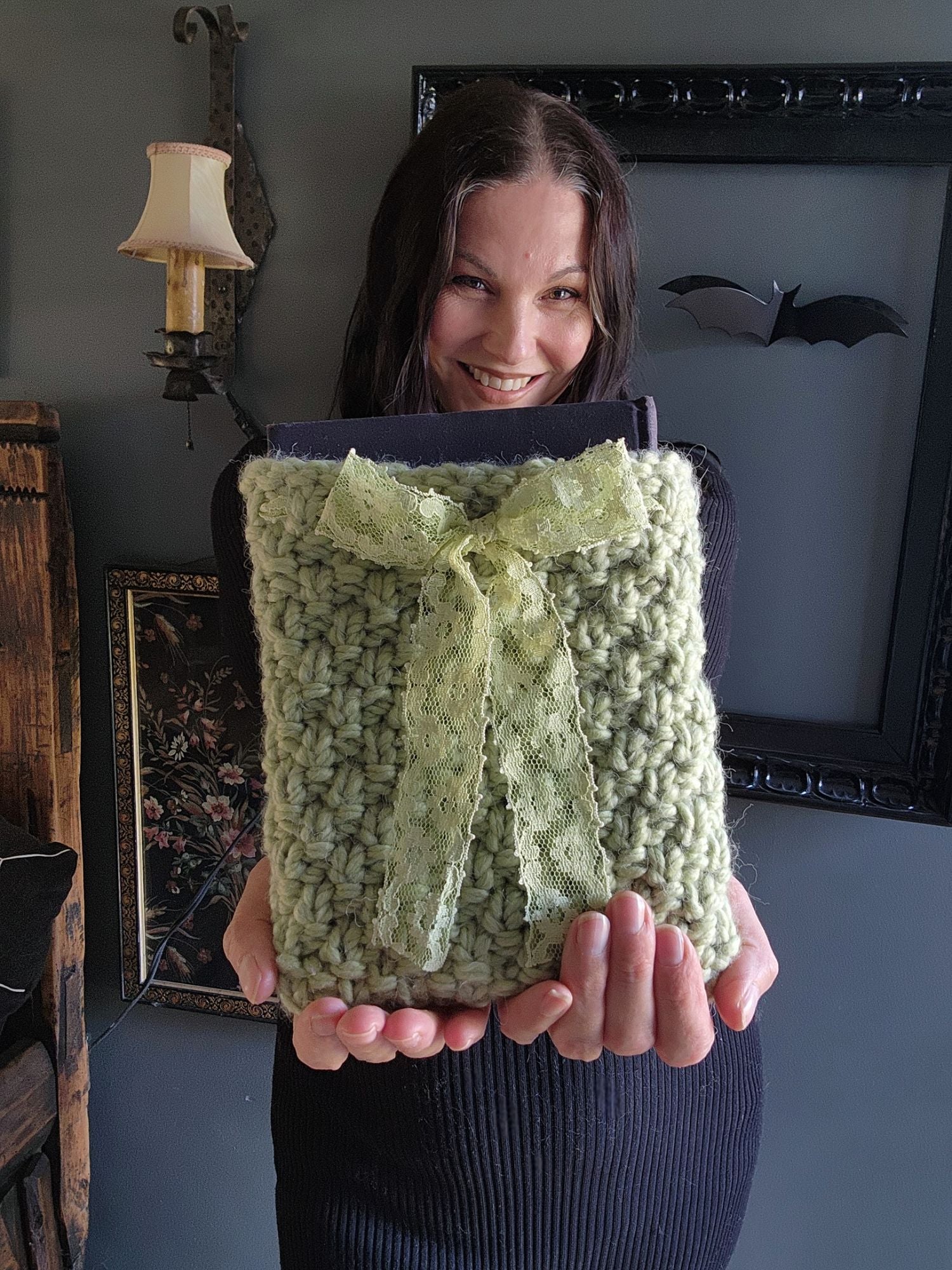 The Psion Apple Hand Knit Book Pouch or Cover in Chunky Pale Green