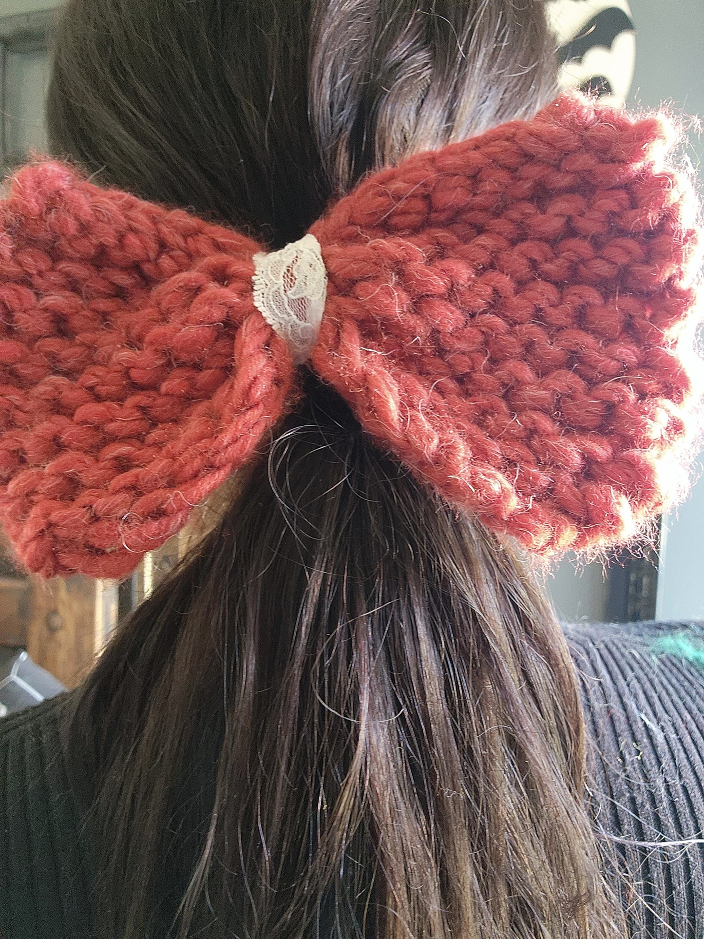 Handknit "Foxtail" Rust Color Hair Bow with Vintage Lace