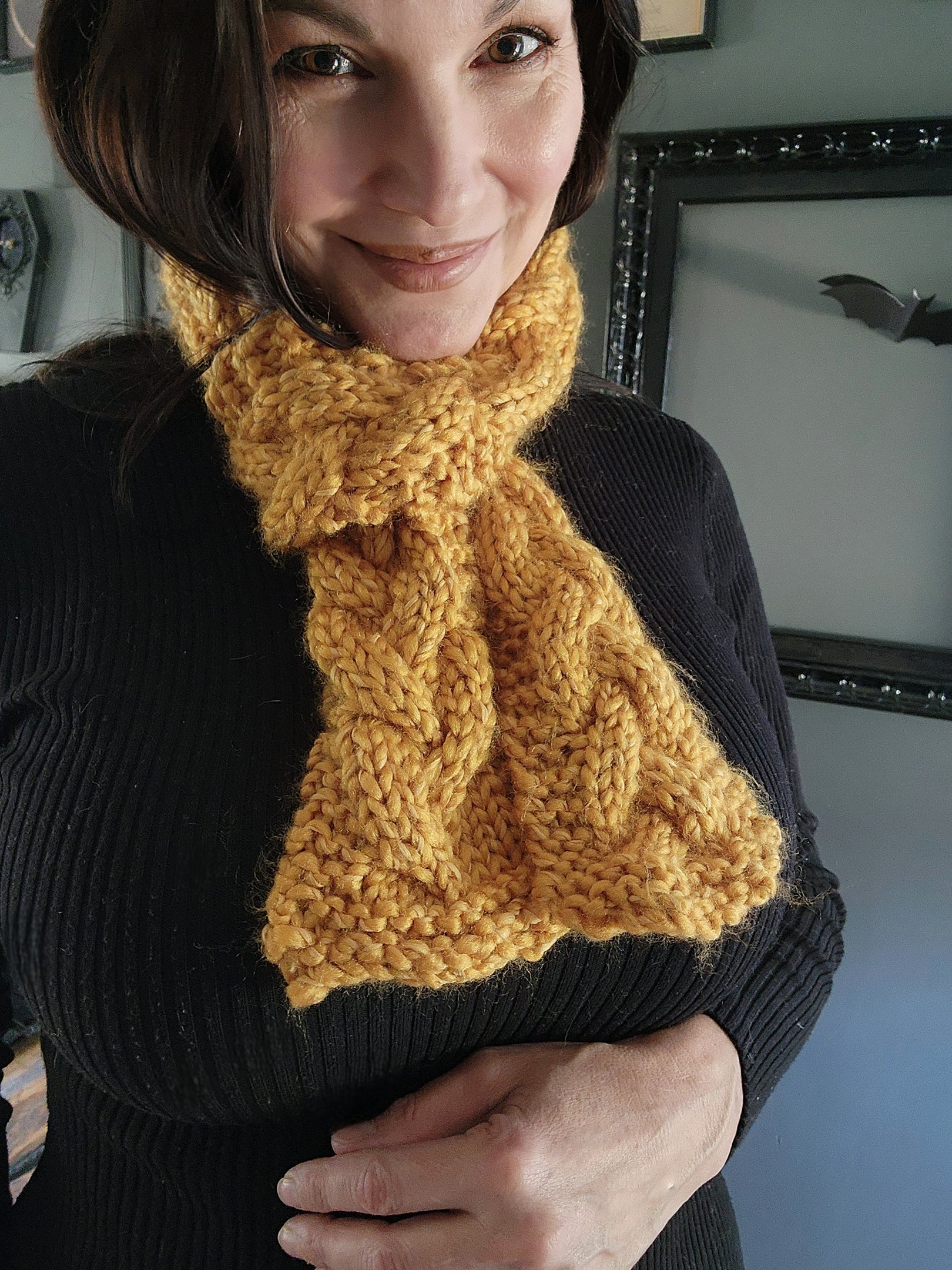 Hand Knit Cable Scarf in Mustard Yellow, the