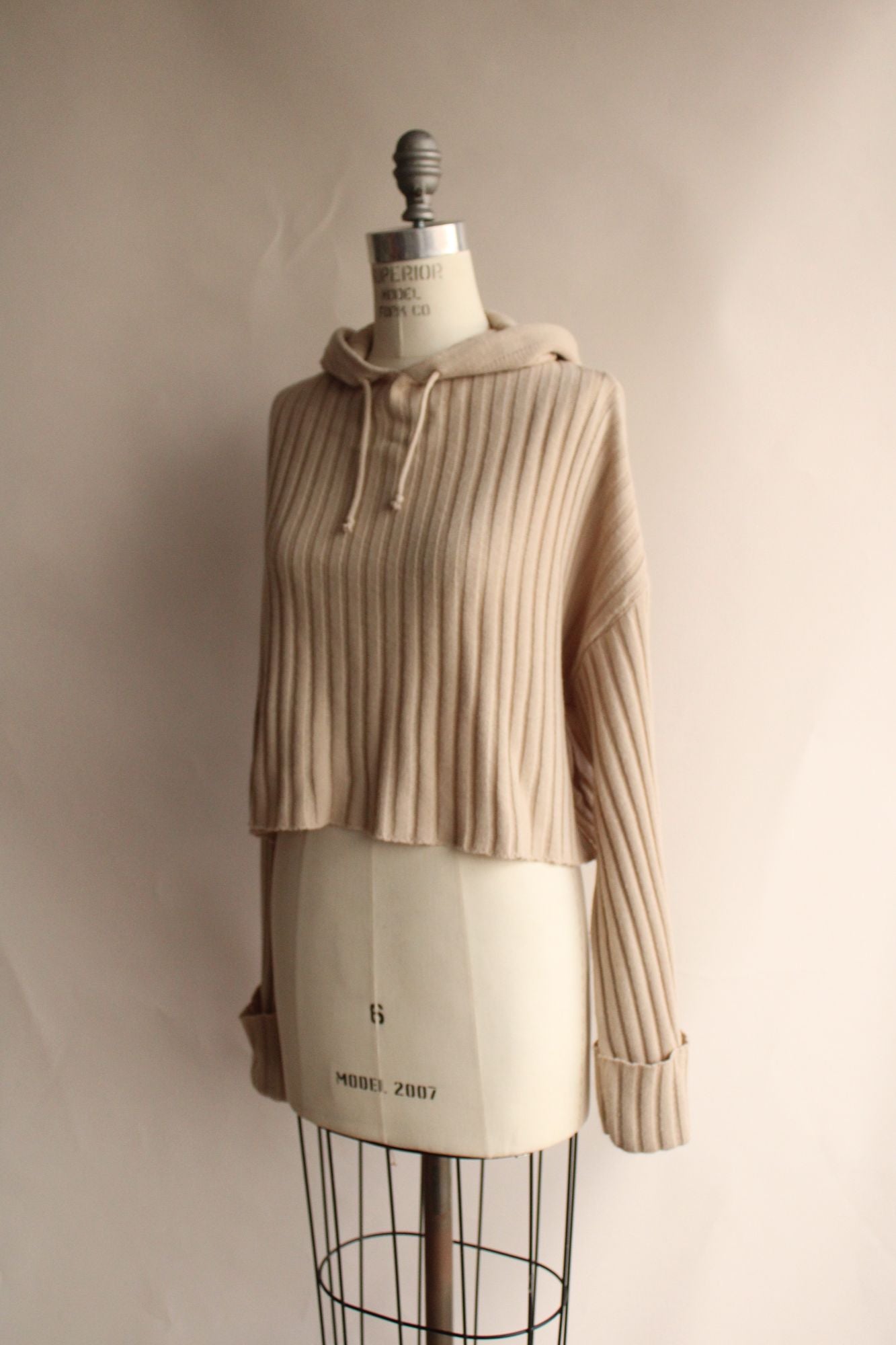 Nasty Gal Collection Womens Sweater, Size Large, Hooded, Beige Ribbed Cropped