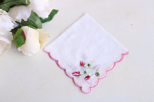 Vintage White Linen with Pink Rose Embroidered Hanky