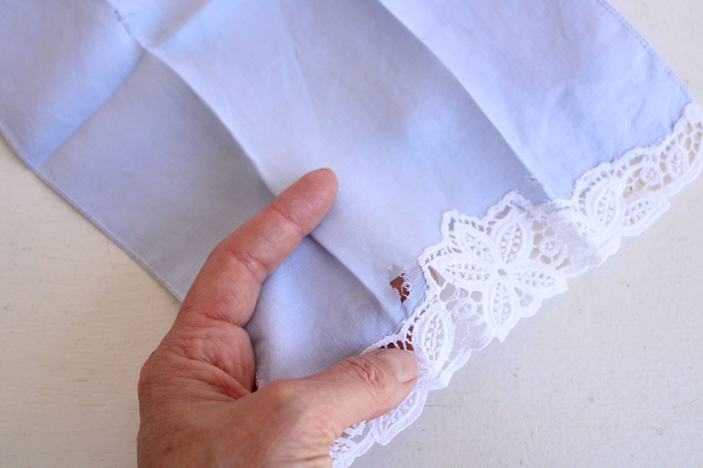 Vintage Two Linen Fingertip Towels, Blue with White Lace Trim