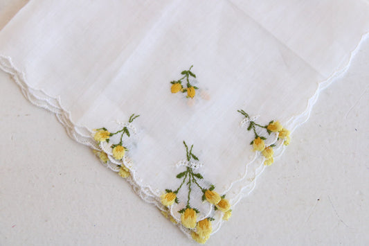 Vintage White Linen Yellow Rose Embroidered Hanky