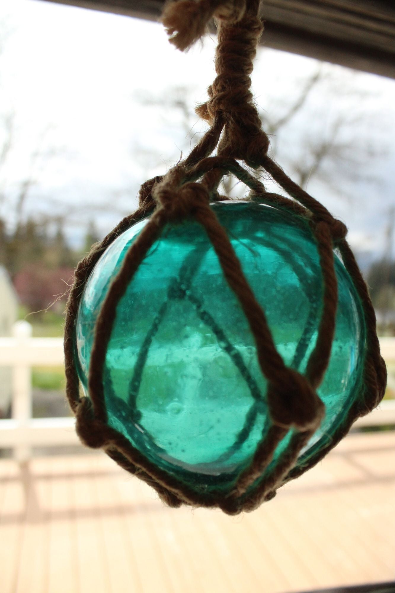 Vintage 1990s 2000s Glass Fishing Float, 4" Aqua Turquoise Wrapped in Twine