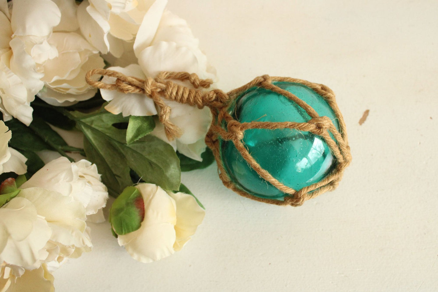 Vintage 1990s 2000s Glass Fishing Float, 4" Aqua Turquoise Wrapped in Twine