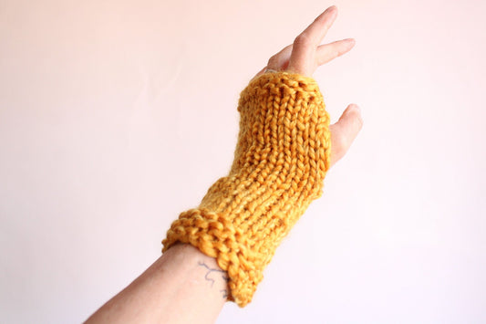 Hand Knit Fingerless Gloves in Mustard Yellow, the "Candlelight"