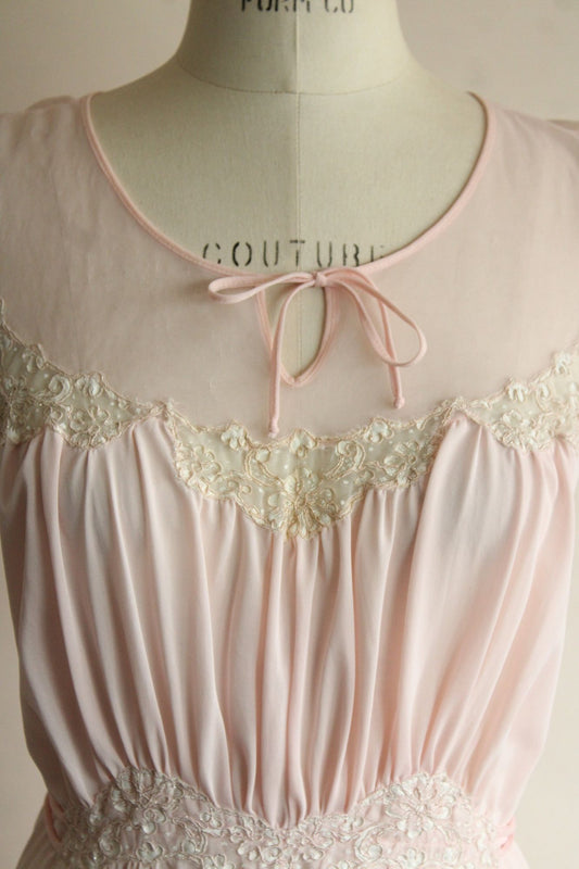 Vintage 1950s Pink Nylon with Tie and Embroidered Floral Lace Trim Nightgown