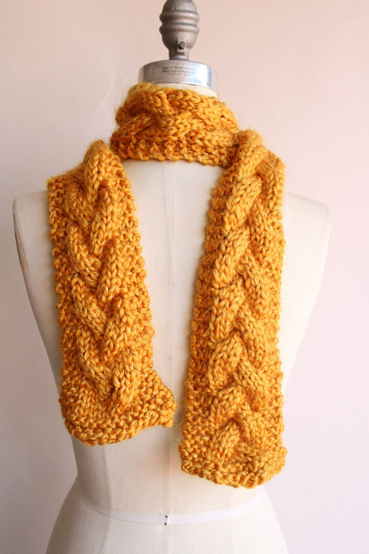 Hand Knit Cable Scarf in Mustard Yellow, the "Candlelight"
