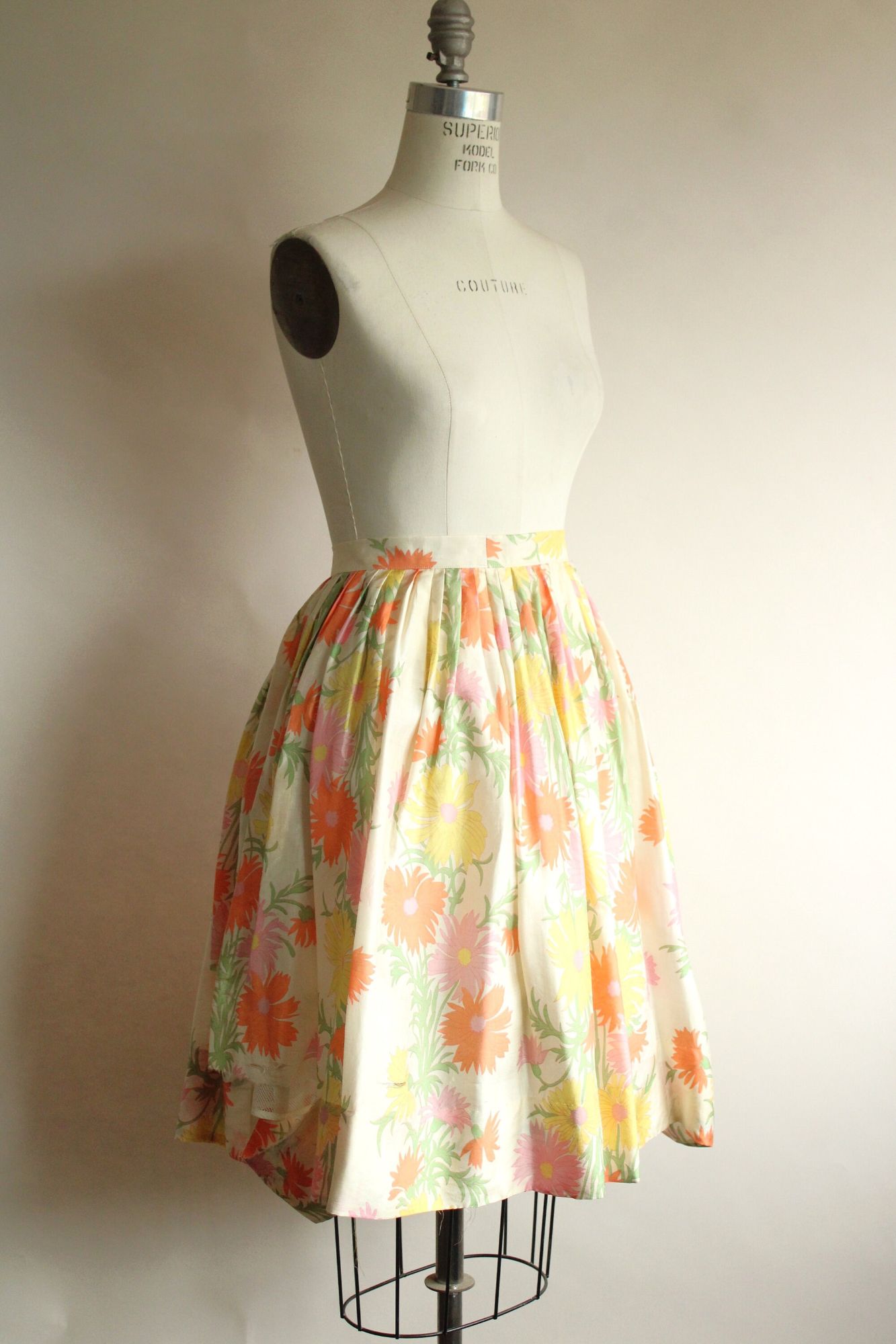 Vintage 1960s Silk Pastel Floral Pleated Circle Skirt