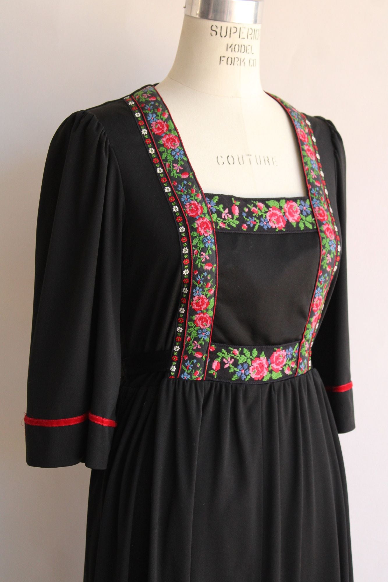 Vintage 1970s Young Edwardian by Arpeja Black Peasant Dress