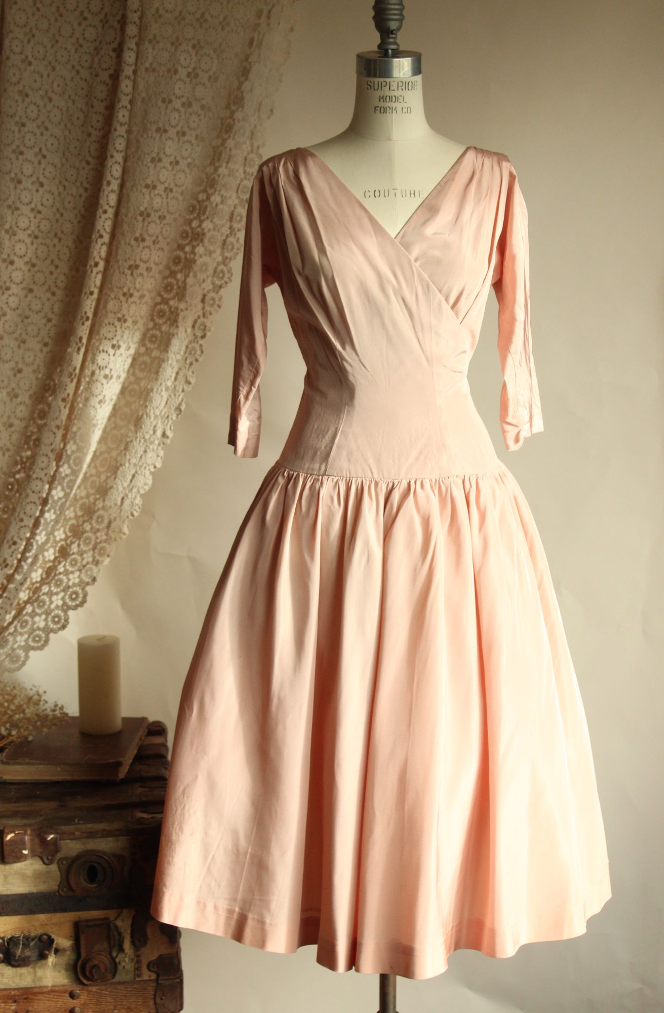 Vintage 1950s Daryl Pink Taffeta Fit and Flare Dress