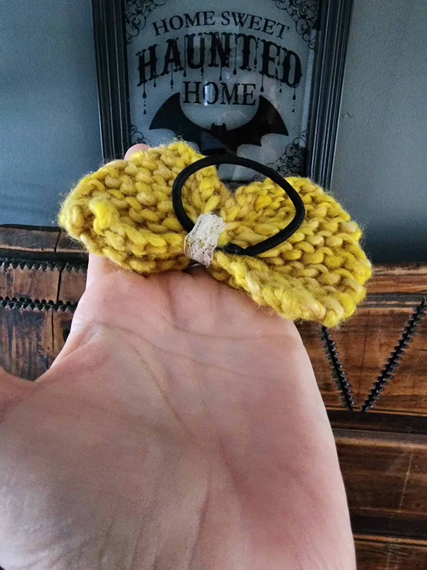 Handknit "Corn and Honey" Yellow Hair Bow with Vintage Lace