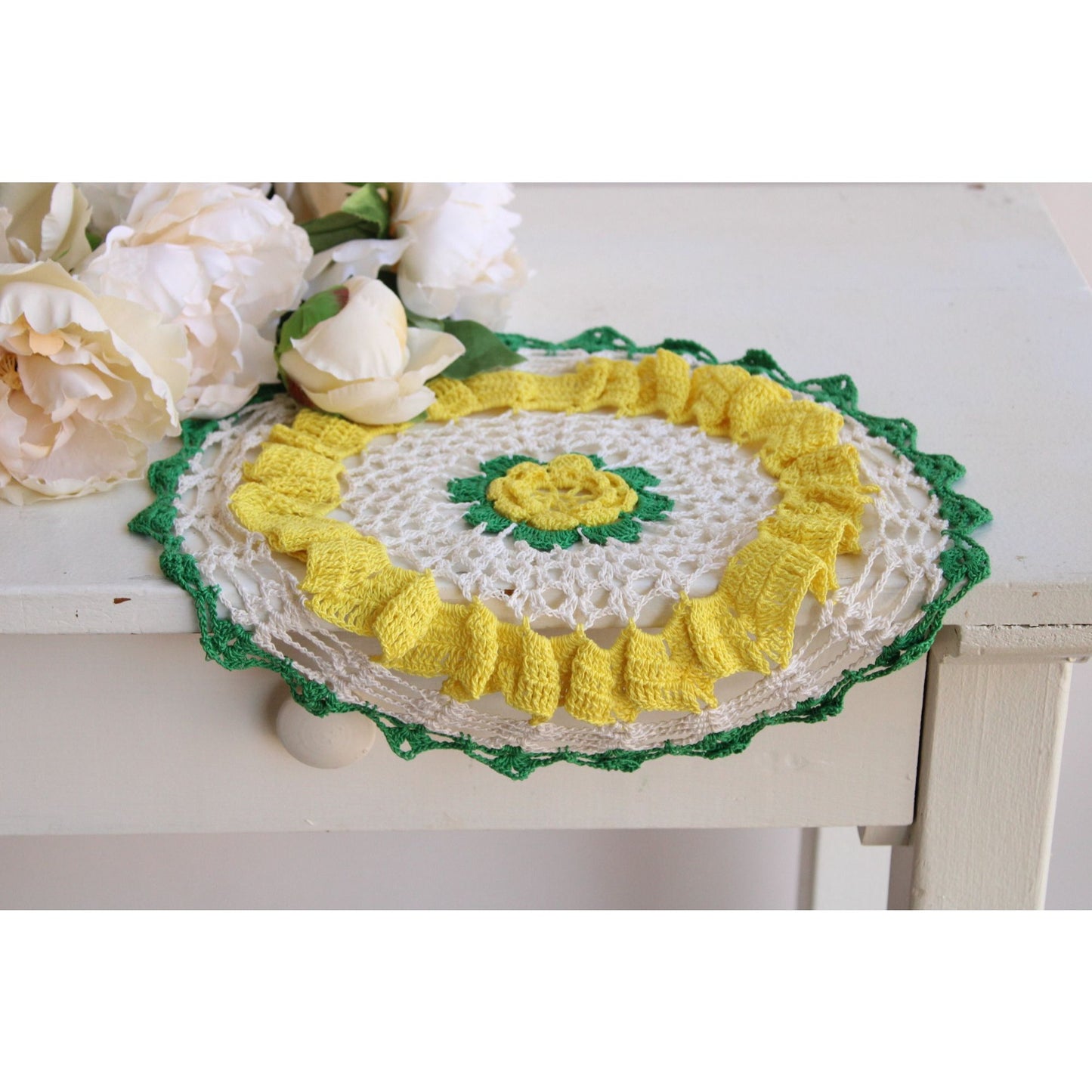 Vintage 1960s Crochet Doily in Yellow, Green and White