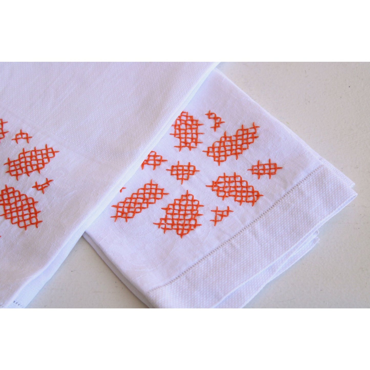 Vintage 1960s White Linen Set Of Hand Towels With Orange Stitching