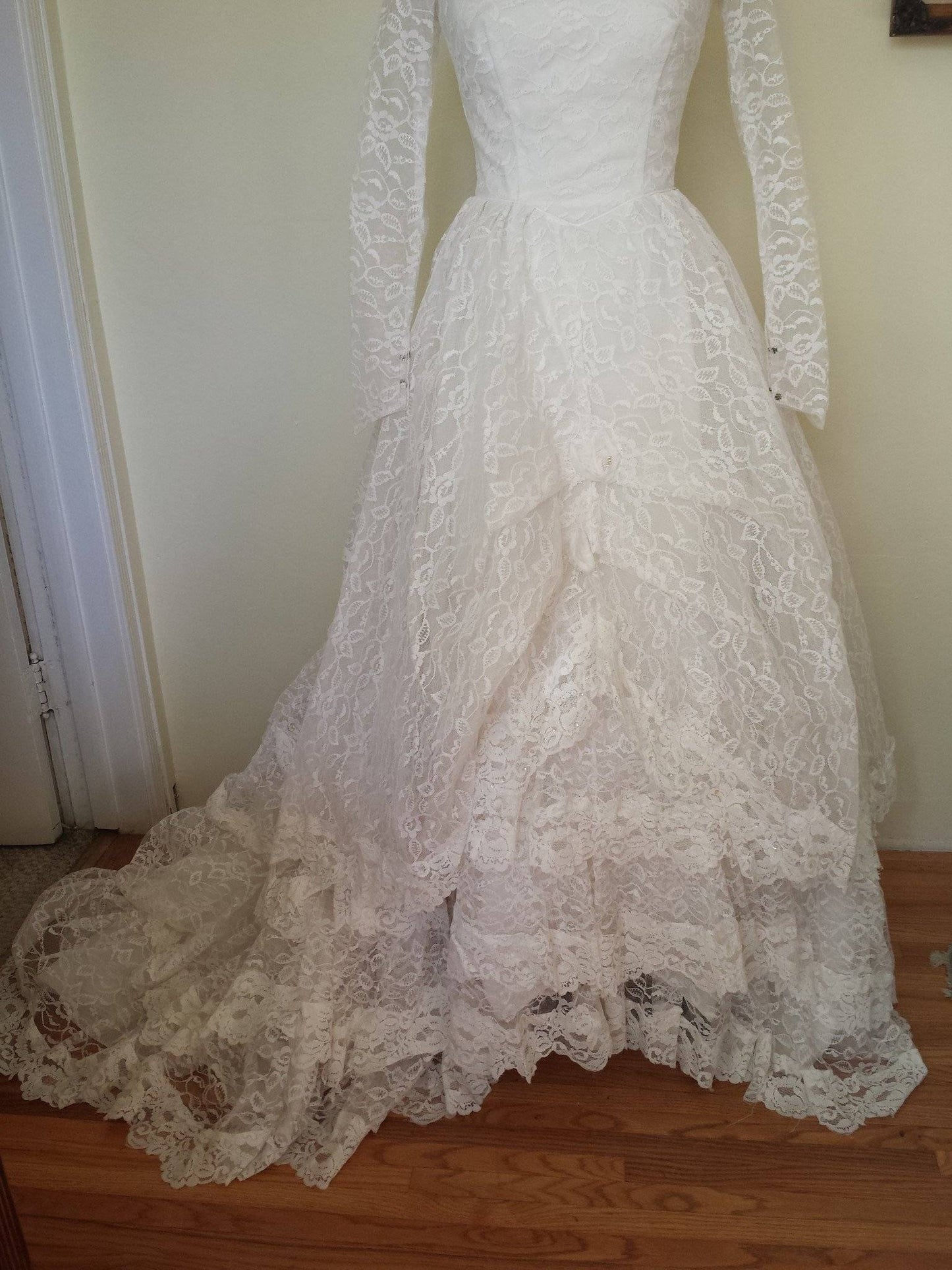 Vintage 1950s Grace Kelly Style Lace Wedding Gown-Toadstool Farm Vintage-1950s Dress,1950s Weddind Dress,50s Bridal Gown,50s Dress,Bridal,Bride,Grace Kelly Style,Lace Skirt,Metal Zipper,Vintage,Vintage Clothing,Vintage Dress,Vintage Dresses,Vintage Wedding Gown