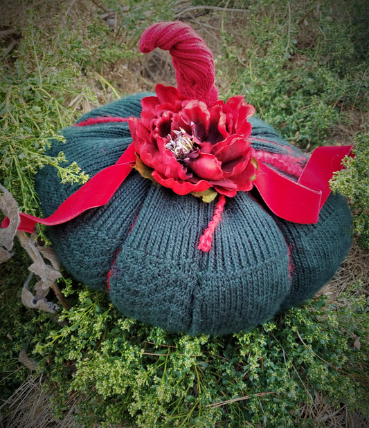 Extra Large Holiday Green Jack-o-lantern With Oversized Red Flower and Velvet Ribbon